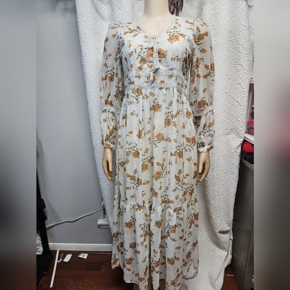 Cream Bishop Sleeve Sundress with Scoop Neck